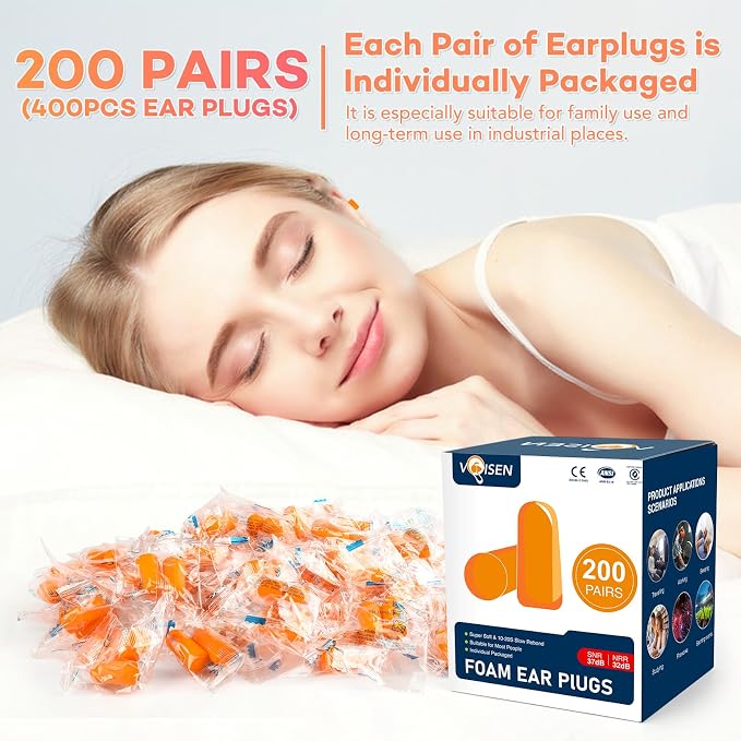 VOISEN Foam Ear Plugs,200 Pairs EarPlugs for Sleeping,32dB NRR 37dB SNR Ear Plug Noise Cancelling for Snoring, Studying,Traveling & Concerts, Individual Package