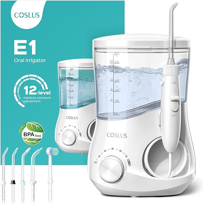 COSLUS E1 Electric Water Flosser for Teeth: Professional Dental Pick for Orthodontic, Sensitive Gums, Braces - 12 Pressure Settings & 5 Multi-Functional Tips for Multiple Users, Home Use, White
