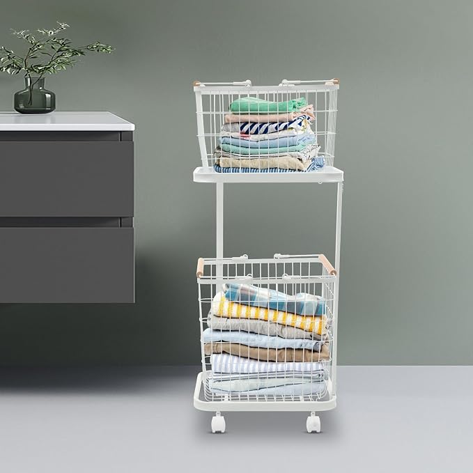 2 Tier Laundry Basket, Removable Metal Wire Laundry Cart with 4 Universal Wheels Rolling Laundry Basket Floor Standing Clothing Garment Sorting Hamper Organizer Load Bearing Capacity 88.18 lbs (White)