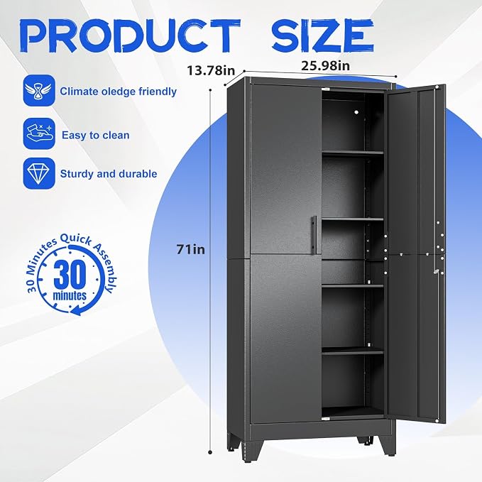 GAIOUS Tall Metal Pantry Storage Cabinet with Lock, File Cabinet Black | 2 Doors Freestanding Steel Bookcase with Adjustable Shelves, Heavy Duty Lockable Office Cabinet, Garage Utility Organizer