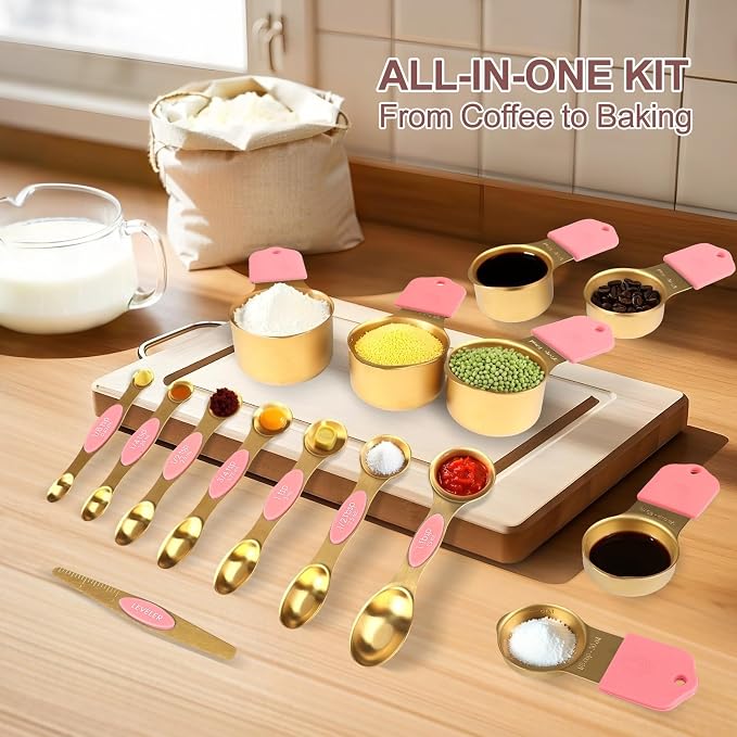 16-Piece Stainless Steel Measuring Cups and Spoons Set, Strong Magnetic Nesting Design 7 Cups 8 Spoons with Leveler, Double Measurement Markings for Dry & Liquid Ingredients, Pink & Gold
