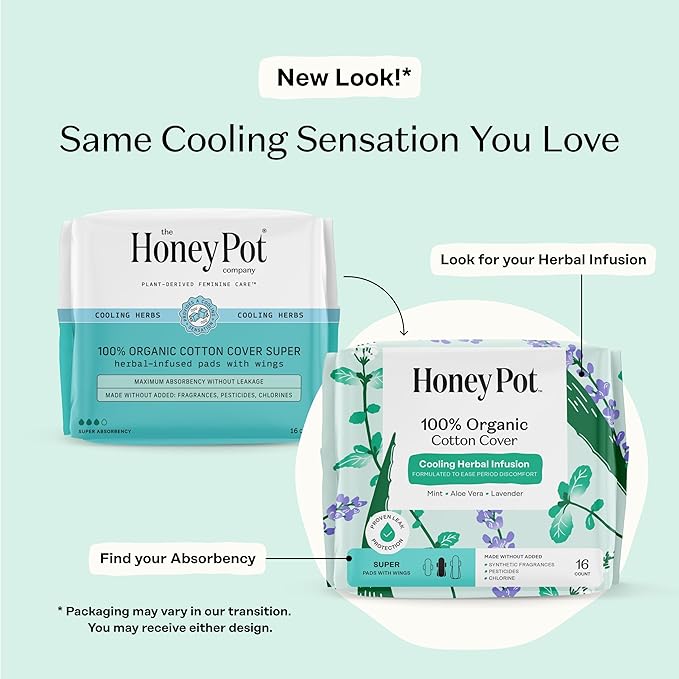 The Honey Pot Company - 64ct - Herbal Pads for Women - Super w/Wings - Infused w/Essential Oils for Cooling Effect, Organic Cotton Cover, & Ultra-Absorbent Pulp Core - Feminine Care