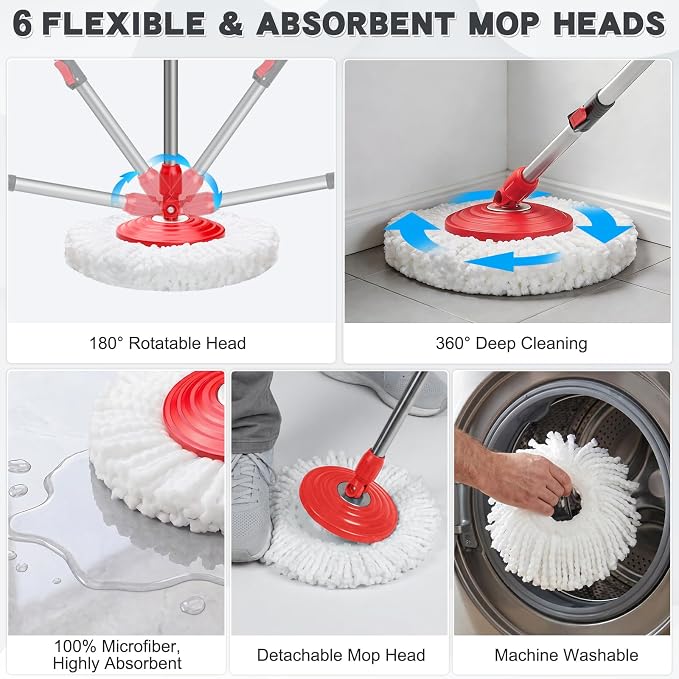 Mop and Bucket Set with 6 Replacement Microfiber Heads, Dark Grey | Spin mop with wringer, 61-inch extra-long handle, spinning mopping floor cleaning system for home floors