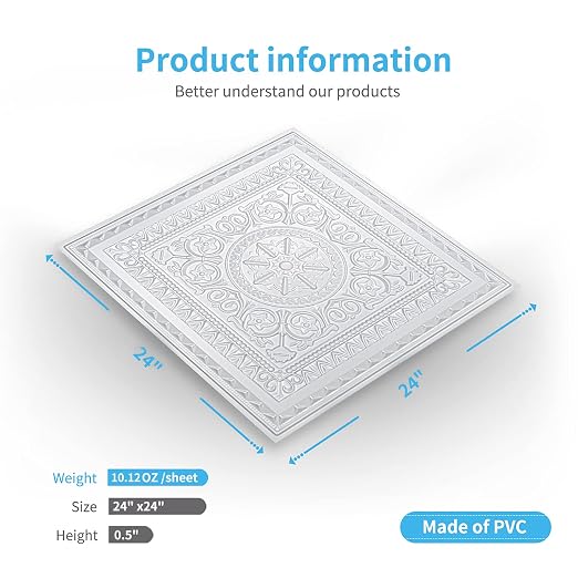 Art3d Drop Ceiling Tiles, Glue up Ceiling Tiles, 2'x2' Plastic Sheet in White (12-Pack, 48 Sq.ft)