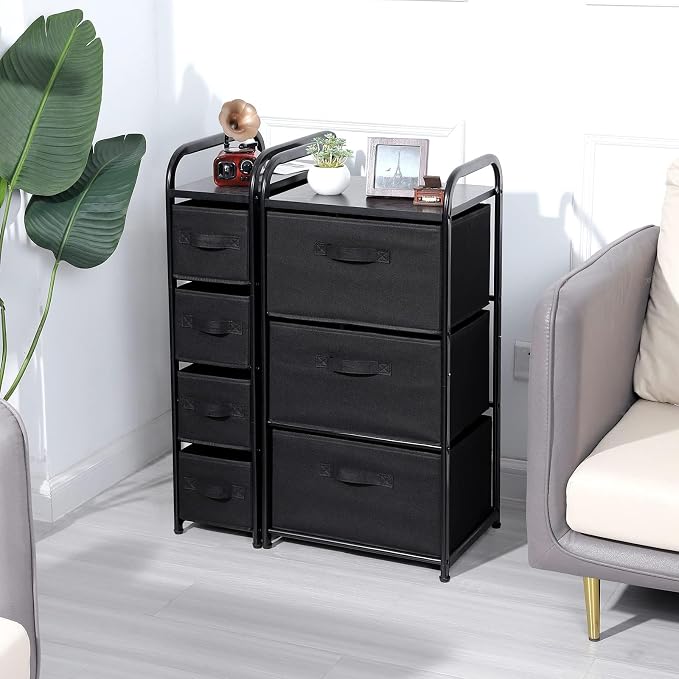 MAX Houser Dresser Storage with 3 Fabric Drawers, Black | Vertical Storage Unit for Bedroom,Chest of Drawers with Metal Frame, Wooden Tabletop, for Living Room, Closet