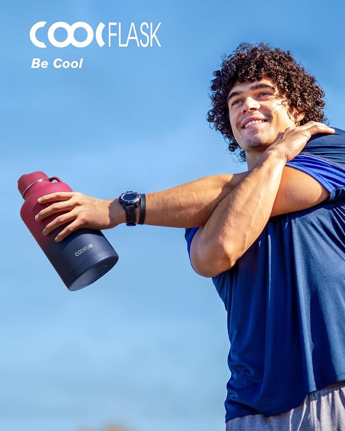 Half Gallon Water Bottle Insulated with Straw & 3 Lids, Coolflask 64 oz Water Jug Large Metal Stainless Steel Wide Mouth for Sports, Gym or Office, Non-BPA Keep Cold 48H Hot 24H, Ombre Wine/Navy