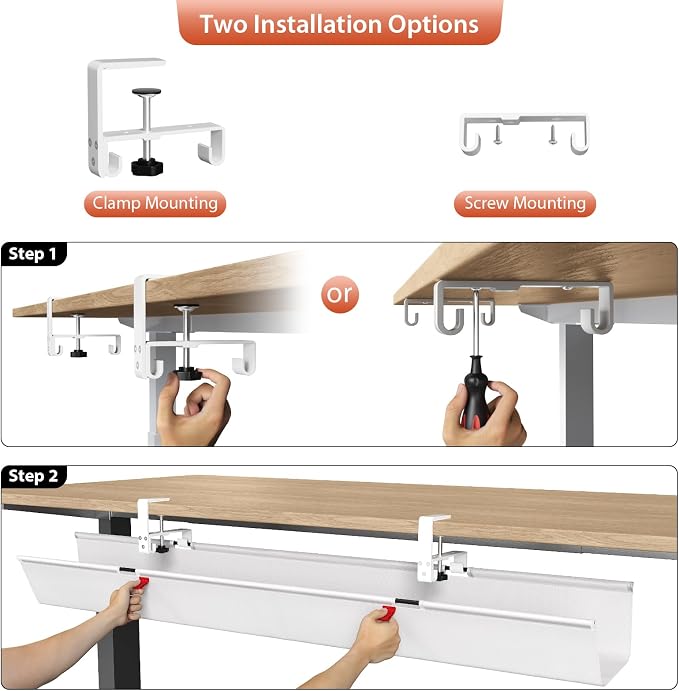 Univivi No Drill Under Desk Cable Management Tray, 48" Cord Organizer for Table, Clamp/Screw Mount Desk Cable Management, Premium Fabric Cable Management Tray for Office, Home (Extra Large)