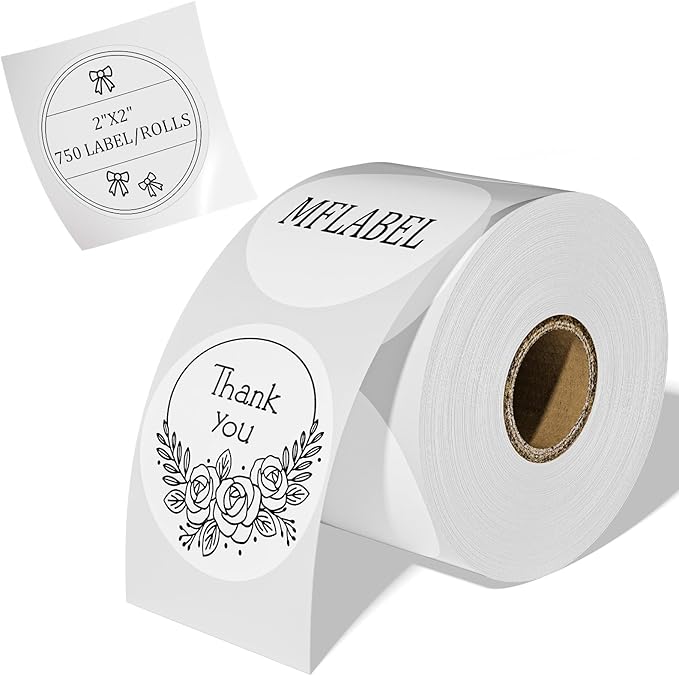 MFLABEL 2 Inch White Round Labels - 750 Pack Self-Adhesive Thermal Sticker Rolls for Shipping, Address, Barcodes & DIY (Compatible w/Thermal Printers)