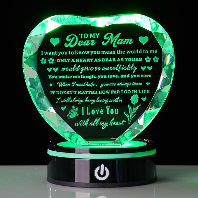 Crystal Heart Birthday Gifts Ideas for Mother from Son Daughter Moms Mother's Day Mothers Day Gifts for Mom Romantic Best Unique Keepsakes Presents with Colorful LED Base Gift (Mom Gifts)