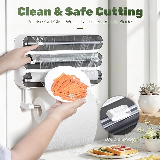 Aluminum Foil & Plastic Wrap Dispenser with Cutter - Magnetic & No-Drill Wall Mount, Cling Film Dispenser with Paper Towel Holder, Space-Saving 4-in-1 Kitchen Organizer - Fits 12" Roll, Black