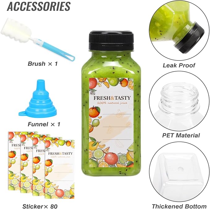 TOMNK 80pcs 8oz Plastic Juice Bottles with Caps Empty Reusable Clear Bottles with Label, Funnel and Brush Beverage Containers Bulk with Lids for Juicing, Smoothies, Fridge