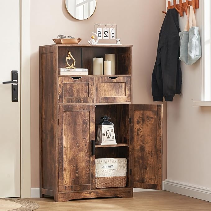 Iwell Storage Cabinet with 2 Drawers & Adjustable Shelves, Cupboard, Floor Cabinet for Living Room, Home Office, Rustic Brown