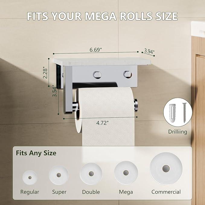 Marble Toilet Paper Holder with Shelf, Evolvegoods Chrome Bathroom Toilet Paper Holder Wall Mount, 304 Stainless Steel Modern Toilet Paper Roll Holder Storage Tissue Holder