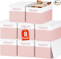 Large Closet Organizer Bins with Lids 8 Pack - Pink Storage Baskets for Shelves Nursery Bedroom Dorm RV - Stackable Decorative Closet Organization Box with Handles for Clothes Purse Blanket Towel