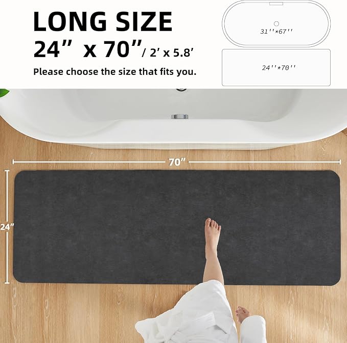 TYUU Black Bath Mat, Bathroom Rugs Non Slip Washable Thin Absorbent Quick Dry Bath Mat Fits Under Door Bathroom Floor Mat Perfect for Bath, Shower, or Sink 24"x70" Black