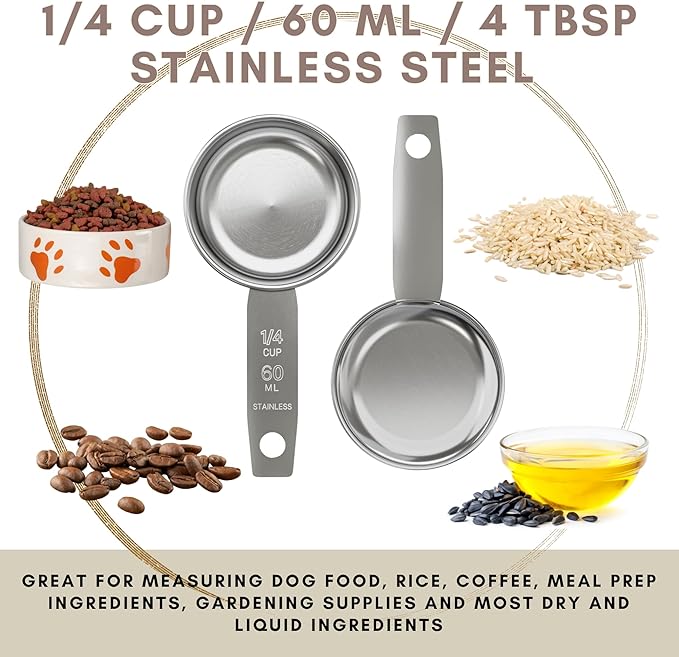 1/4 Cup Stainless Steel Measuring Cup | Sturdy Metal 60 ml | 60 cc | 2 oz | Single Cup for Wet and Dry Ingredients | Great for use as 1/4 Cup Dog Food Scoop - 12 PK