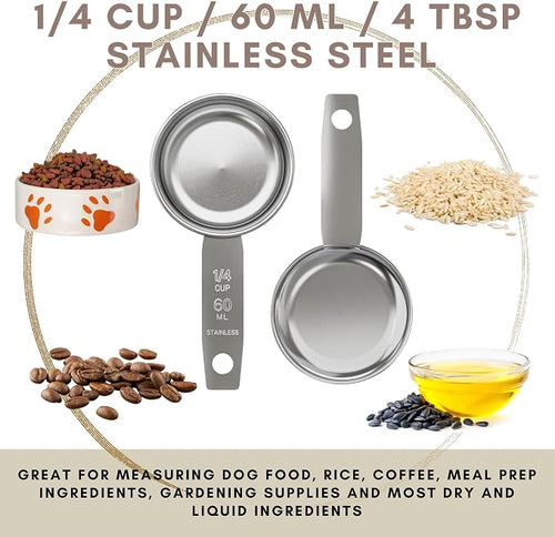 1/4 Cup Stainless Steel Measuring Cup | Sturdy Metal 60 ml | 60 cc | 2 oz | Single Cup for Wet and Dry Ingredients | Great for use as 1/4 Cup Dog Food Scoop - 1 PK