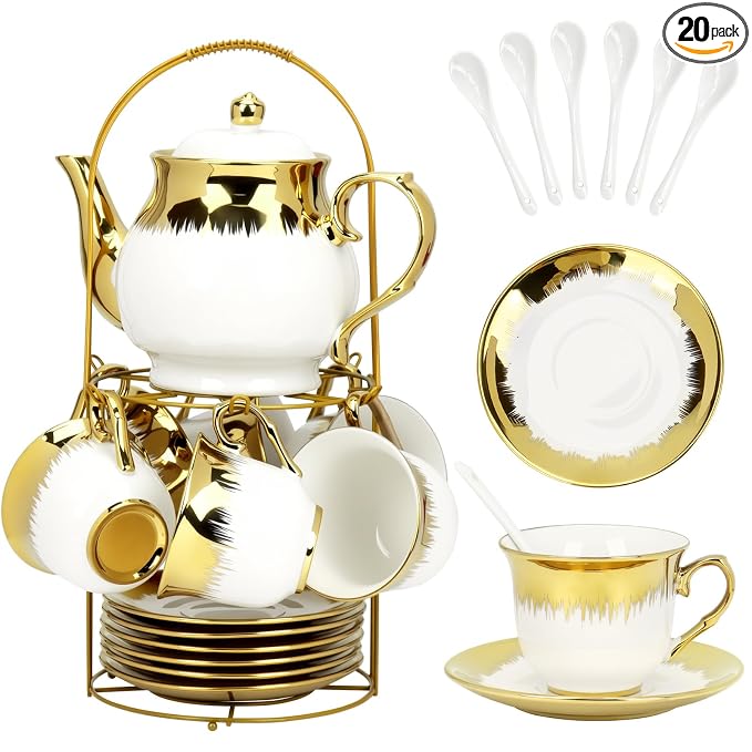 20 Pcs Porcelain Tea Set with Metal Holder and Spoon, European Ceramic Tea Set for Adults, European Flower Painting Teapot Cup Saucer Spoon Set for 6, 1000ML Gift Pack(White)