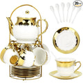 20 Pcs Porcelain Tea Set with Metal Holder and Spoon, European Ceramic Tea Set for Adults, European Flower Painting Teapot Cup Saucer Spoon Set for 6, 1000ML Gift Pack(White)