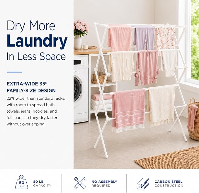 Honey-Can-Do Oversized Clothes Drying Rack, 35" Wide, 50 lb, White | Extra-wide 35" family-size rack holds 50 lb of wet laundry. Rust-resistant steel folds flat; indoor or outdoor use.