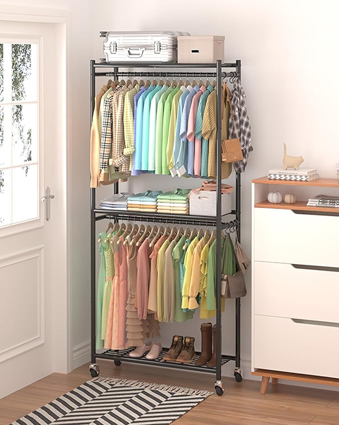 Sakugi Clothes Rack - 33.0" x 12.2" x 79.5" Clothing Rack with Shelves & Wheels, Multi-Functional Wardrobe Closet with Hooks, Sturdy Metal Garment Rack for Bedroom, Laundry, Balcony (Black)
