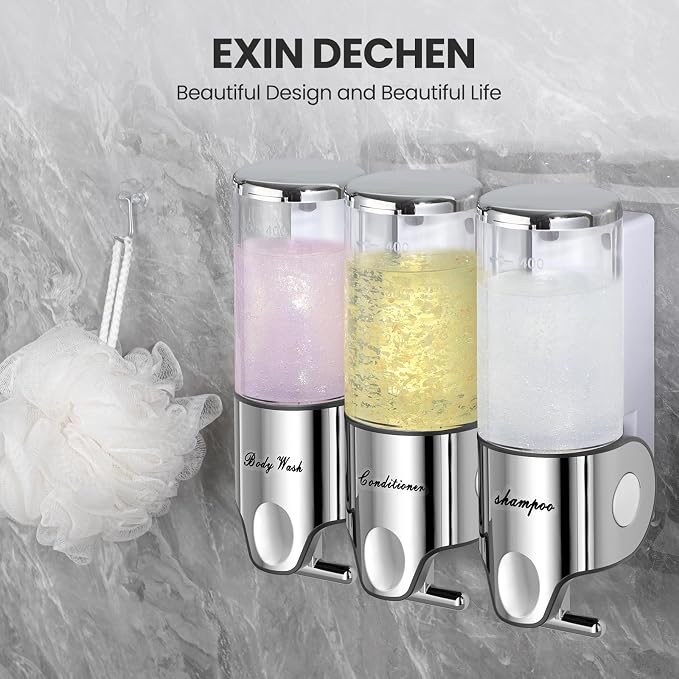 EXIN DECHEN Shampoo and Conditioner Dispenser(Triple x 16.9 oz,Clear) | Easy Installation,Wall-Mounted,Bottle Separable,Large Capacity,Shower Shampoo Conditioner Body Wash Dispenser for Bathroom