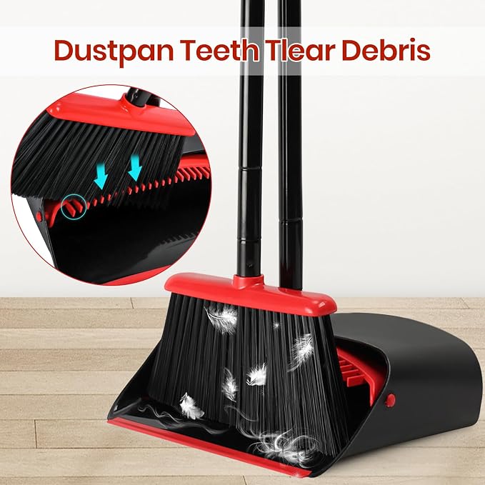 TreeLen Dust Pan and Broom/Dustpan Cleans Broom Combo with 52" Long Handle for Home Kitchen Room Office Lobby Floor Use Upright Stand Up Broom and Dustpan Set - Black/Red