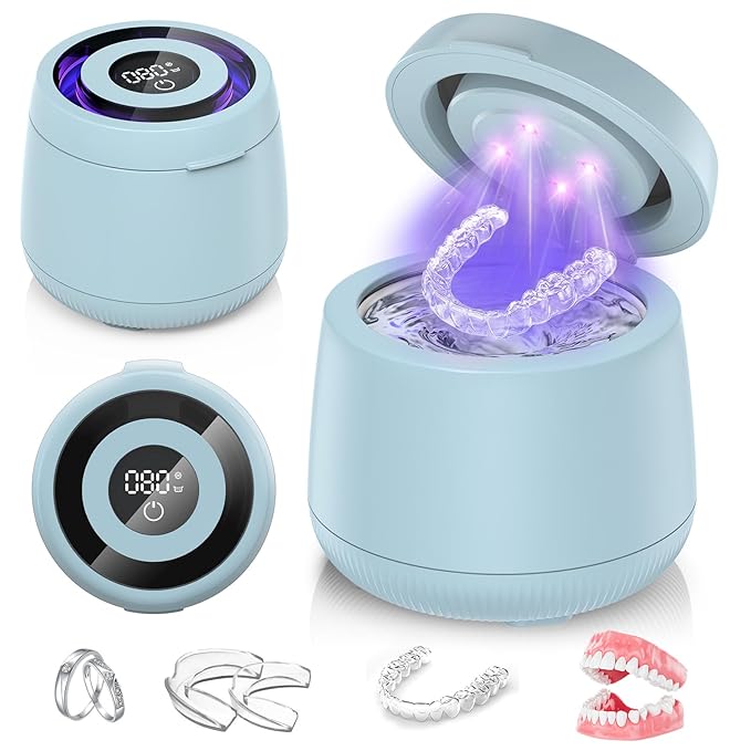 Ultrasonic Retainer Cleaner Machine, Dynamic 42-48kHz Dental Cleaning Pod with Digital Timer, 200ml Mouth Guard Cleaner Pod for Aligners, Night Guards, Dental Trays, Braces & Toothbrushes (Blue)
