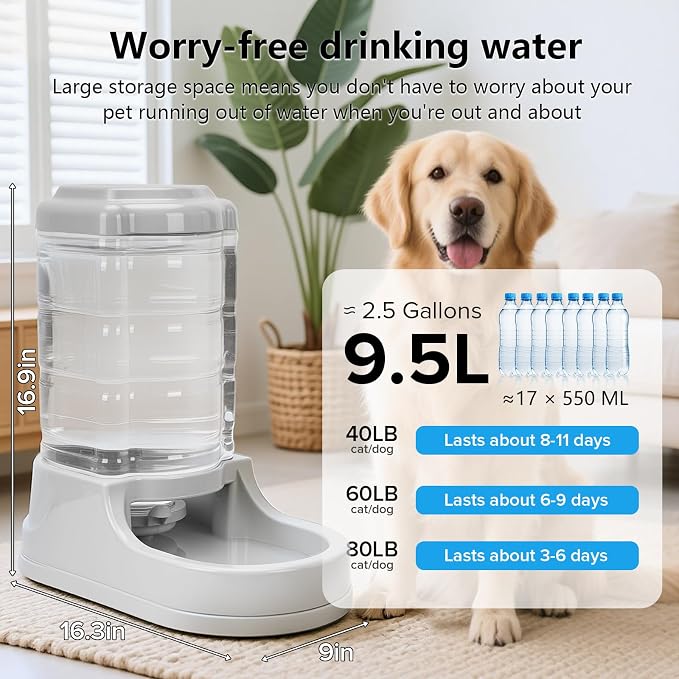 Kenond 2.5 Gallon Large Dog Water Dispenser, Automatic Gravity Water Bowl | Wide Mouth, Easy to Clean/ Gravity Filled/ Large Capacity/ Multi Pet Home