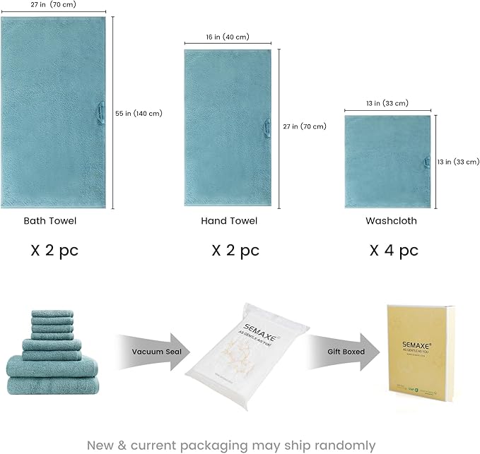 SEMAXE Bath Towel Set, 8 Piece Towel Set for Bathroom, Quick Dry Cotton Towels with Hanging Loops, Easy Care, Blue