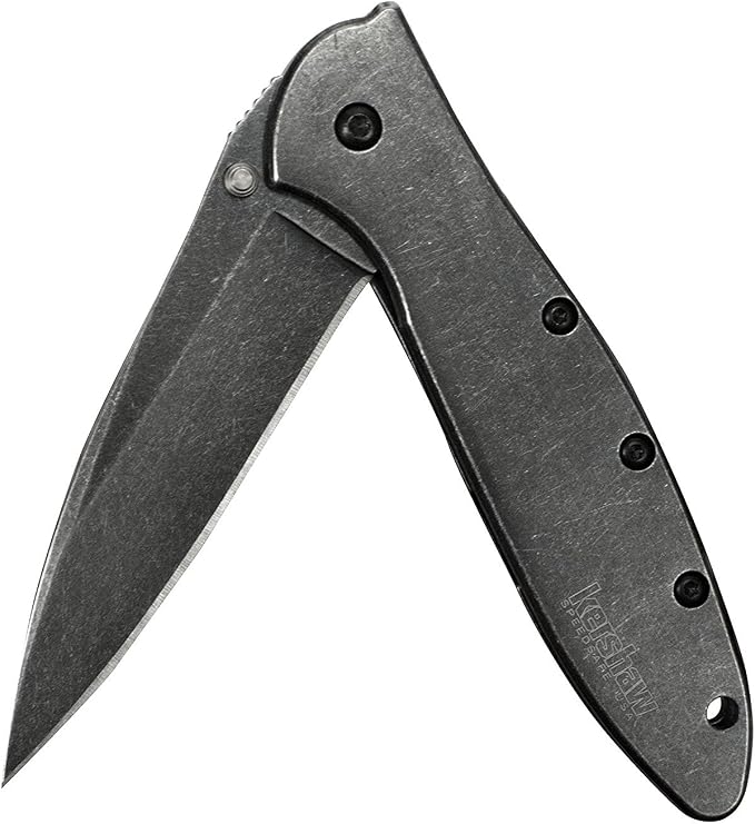 Kershaw Leek, BlackWash Pocket Knife (1660BLKW); 3 Sandvik 14C28N Steel Blade, 410 Stainless Steel Handle, BlackWash Finish, SpeedSafe Assisted Open, Frame and Tip Locks, Reversible Pocketclip; 3 OZ