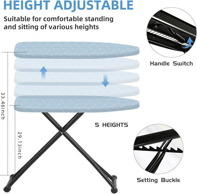 Ironing Board Adjustable Height Folding Ironing Board with Iron Pad, Heat-Resistant Cover, Thick Steel Tube Compact Iron Board (Blue)