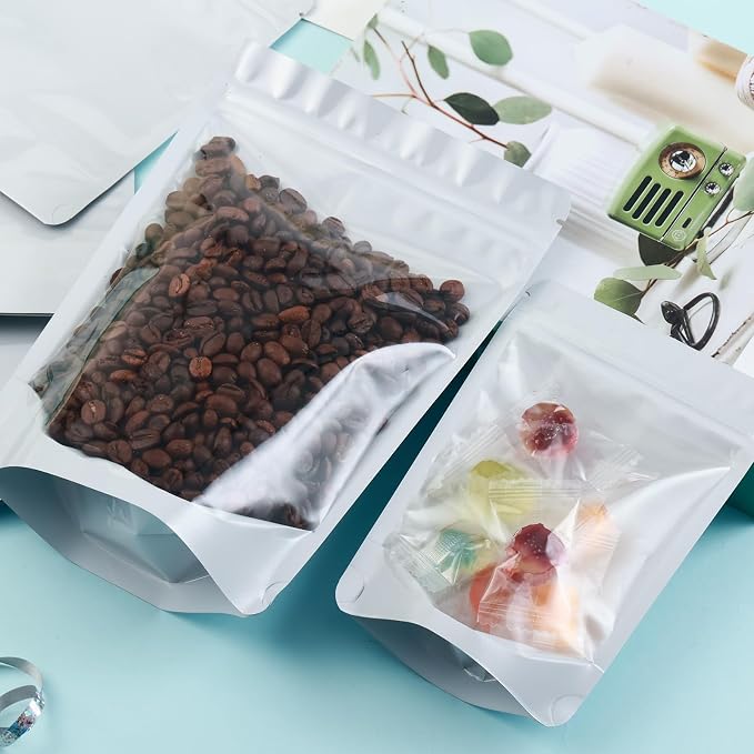 4X6 Resealable Bags 150 Pcs Mylar Bags for Food Storage Candy Packaging Mylar Bags with Window Reclosable Small Stand Up Pouches Edible Packaging for Small Business White
