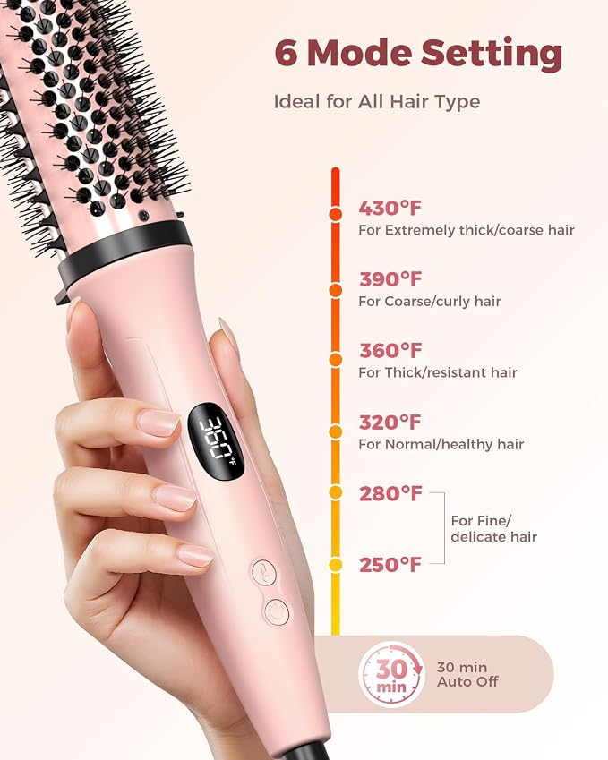 Bopcal Dual Voltage Thermal Brush, 1.5" Heated Round Brush for Smooth Blowout Look, Hot Brush for Volume, Soft Curls & Polished Ends, Negative Ions, 6 Heat Settings, Auto Shut-Off