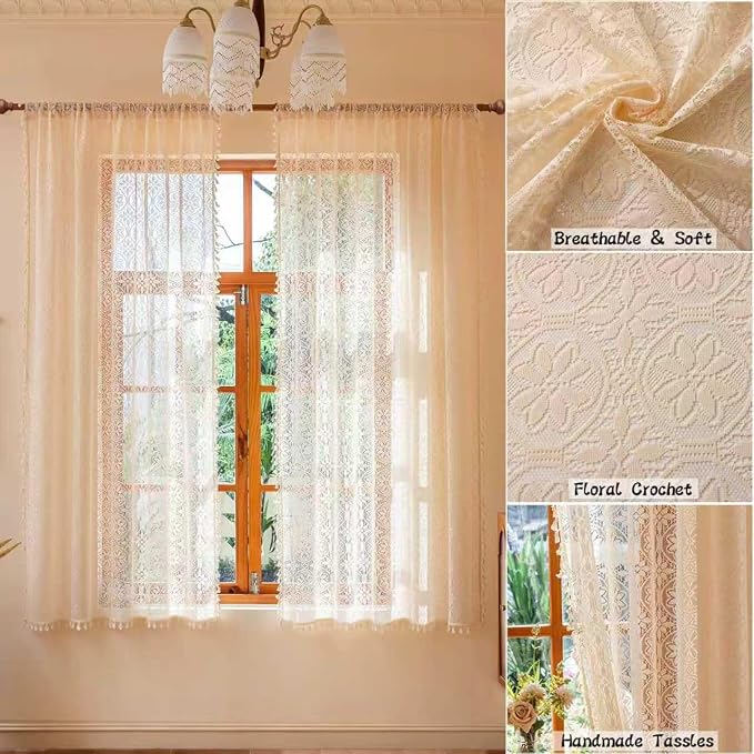 Sutuo Home Lace Sheer Curtains 2 Panels for Kitchen Bedroom, Floral Boho Window Drape Light Filtering Curtains Crochet Bohemian Vintage Chic Tassels Privacy Victorian Decor Rod Pocket, 50" x 63" Beige