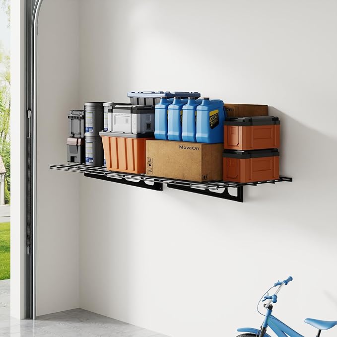 FLEXIMOUNTS 2x4ft Garage Shelving Wall-Mounted, 1-Pack Heavy-Duty Wall Shelving, Holds Up to 200 lbs, Garage Storage Rack for Organization & Storage Bins, Black, Classic Series