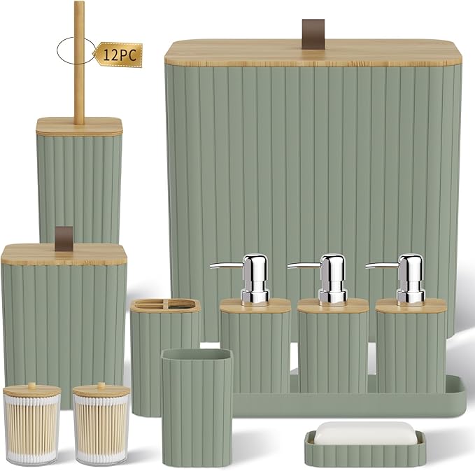 Bathroom Accessory Set - Sage Green Bathroom Set, 12PC Bathroom Accessories Set, Sage Green Bathroom Accessories Set, Mini Trash Can, Toilet Brush, Trash Can & Soap Dispenser