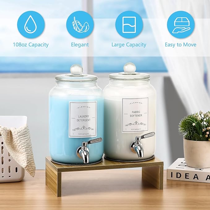 2-Pack Glass Laundry Detergent Dispenser with Stand, 106oz Leak-Proof Glass Fabric Softener Dispenser- Laundry Soap Dispenser-Reusable Container for Kitchen & Bathroom Storage