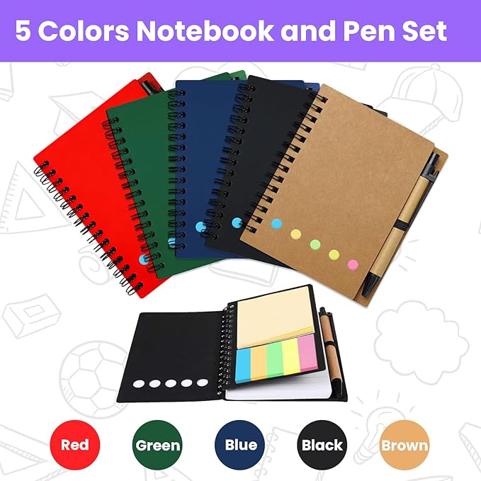 50 Pack Spiral Pocket Notebook with Pen, 4.2x5.25 Inch Lined Journals Bulk Small Notebooks and Pen Set, Spiral Notepad Sticky Notes for Business Office School, 5 Colors, 60 Sheets/120 Pages