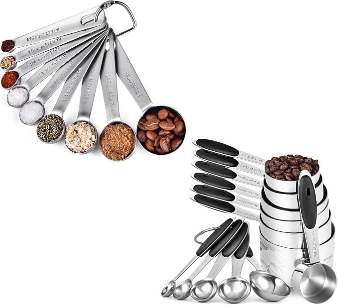 U-Taste 18/8 Stainless Steel Measuring Spoons Set for Dry and Liquid Ingredients(Set of 9), and Upgraded Measuring Cups and Spoons Set of 12 with Reinforced Welded Handle (Black)