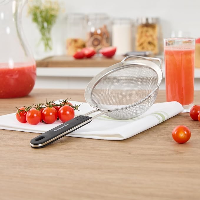 Restaurantware Fine Mesh Strainer 1 Count 12.6" x 5.5" x 2.3" with Silicone Handle Stainless Steel Extra Fine Mesh Strainer Heat-Resistant Handle Dishwasher-Safe for Rice, Quinoa, Pasta