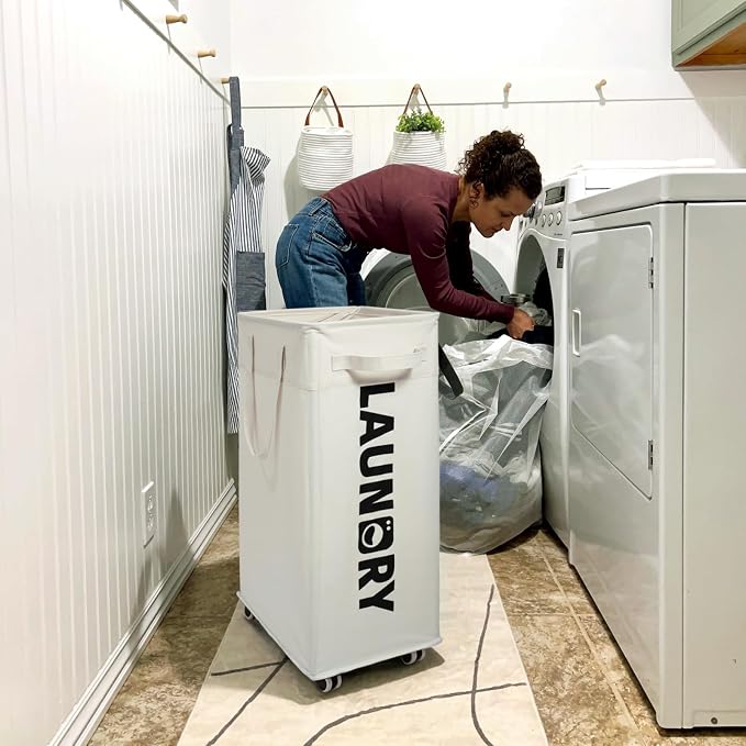 CHICVITA Collapsible Laundry Hamper on Wheels, 75L Clothes Laundry Basket with Removable Wash Bag for Dorms, Clothes Hamper with Handles, White
