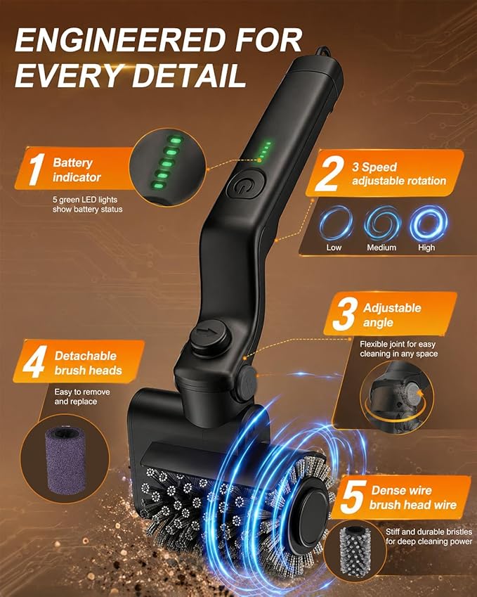 Electric Grill Brush Cordless, 3-Speed Rotary BBQ Grill Cleaner Bristle Free, 180° Adjustable, 3 Brush Heads, Rechargeable Waterproof for Outdoor Grill Cast Iron Stainless Steel