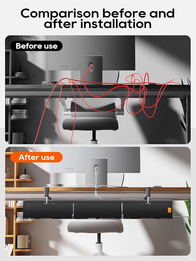 39" No Drill Under Desk Cable Management Tray (Black) | Fire-Resistant Thickened Nylon Material, Clip-on Cord Organizer to Hide Power Strip, Heat Dissipation Mesh Design, for Office