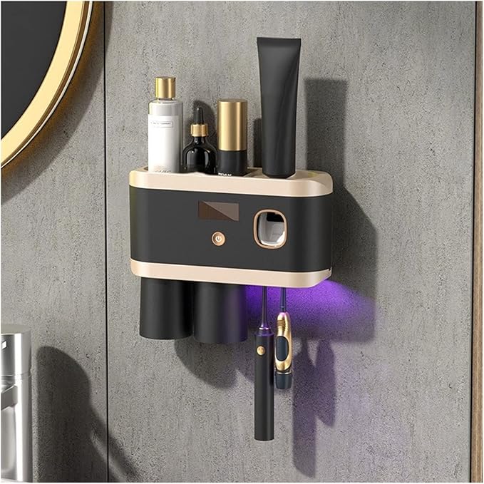 Toothbrush Rack Smart Toothbrush Holder Wall Mount Toothbrush Holder with Mouthwash Cup Automatic Toothpaste Dispenser Squeeze Kit Bathroom Toothbrush Holder(A)