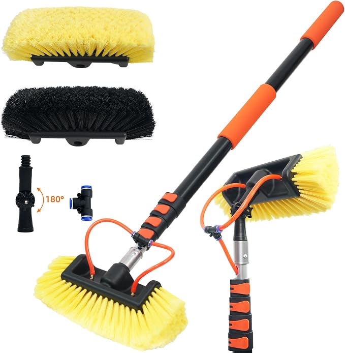 12FT Car Wash Brush with Long Handle, Car Cleaning Brush with 12"Soft Bristle and Hard Bristle, 3-12FT Telescopic Pole with Hose Attachment for Scratch-Free Cleaning Truck,RV,Boat,Siding,Solar Panels