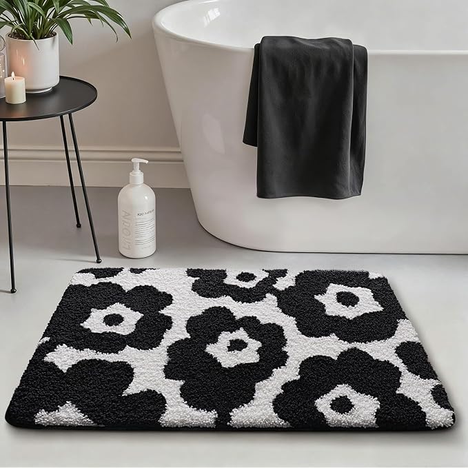 LUMI Bathroom Rugs Cute Floral Design, Soft Absorbent Microfiber Bath Mat Non-Slip, Machine Washable Quick Dry Luxury Rug Flower Black and White for Floor, Bathtub, Home Decor, 24"x36"