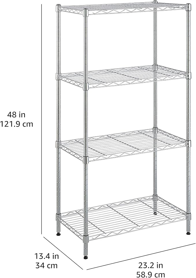 Amazon Basics 4-Shelf Adjustable Storage Shelving Unit for Garage, Steel Wire Rack, 200 Pound Loading Capacity per Shelf, 13.4"D x 23.2"W x 48"H, Chrome