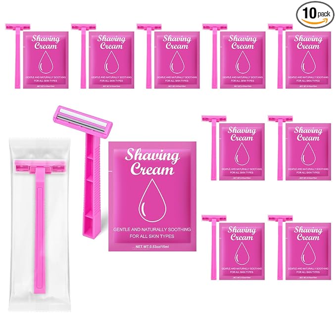 Womens Shaving Cream Bulk Travel and Women's Disposable Razors Individually Wrapped,0.53oz Shave Gel for Women, Care Dry Skin Womens Shave Gel Disposable Razors Women for Travel Guests Homeless（10Set）