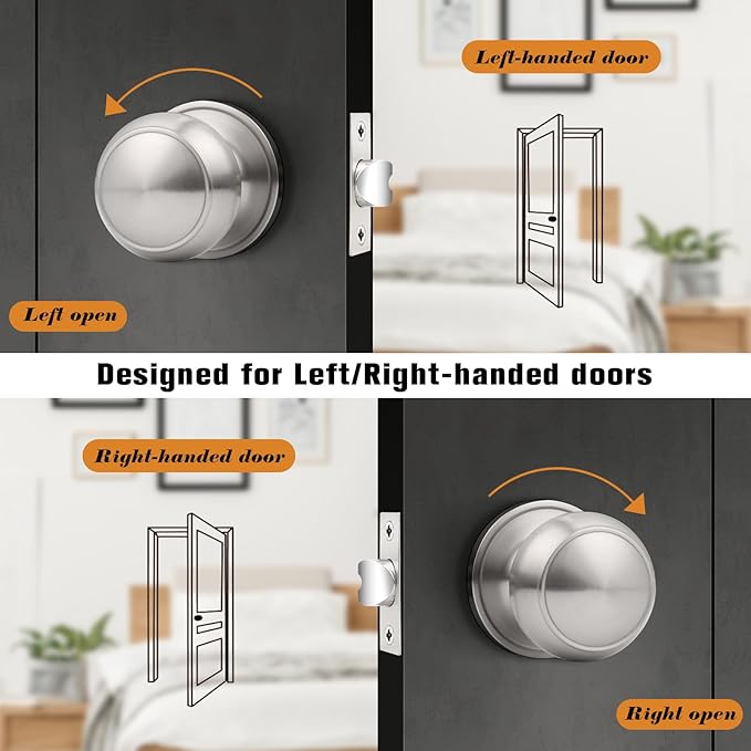 Probrico Brushed Nickel Passage Door Knobs, Flat Ball Interior Handles for Hall and Closet, Keyless Door Handles 3 Pack